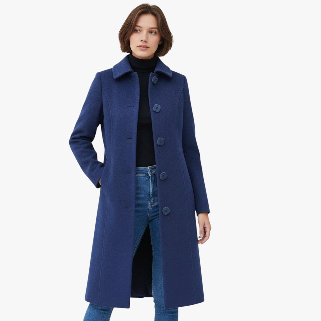 Women’s Longline French Coat with Button Closure and Inner Lining