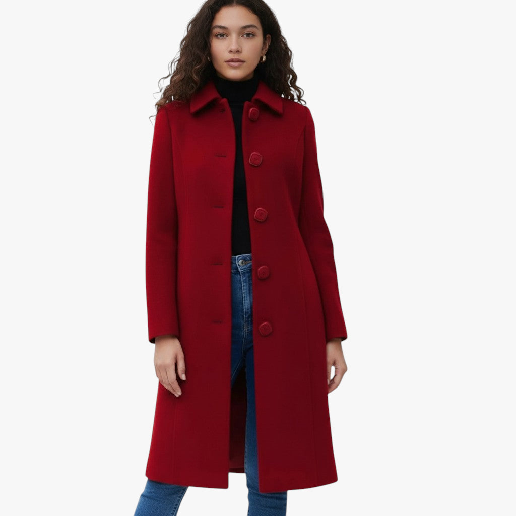 Women’s Longline French Coat with Button Closure and Inner Lining