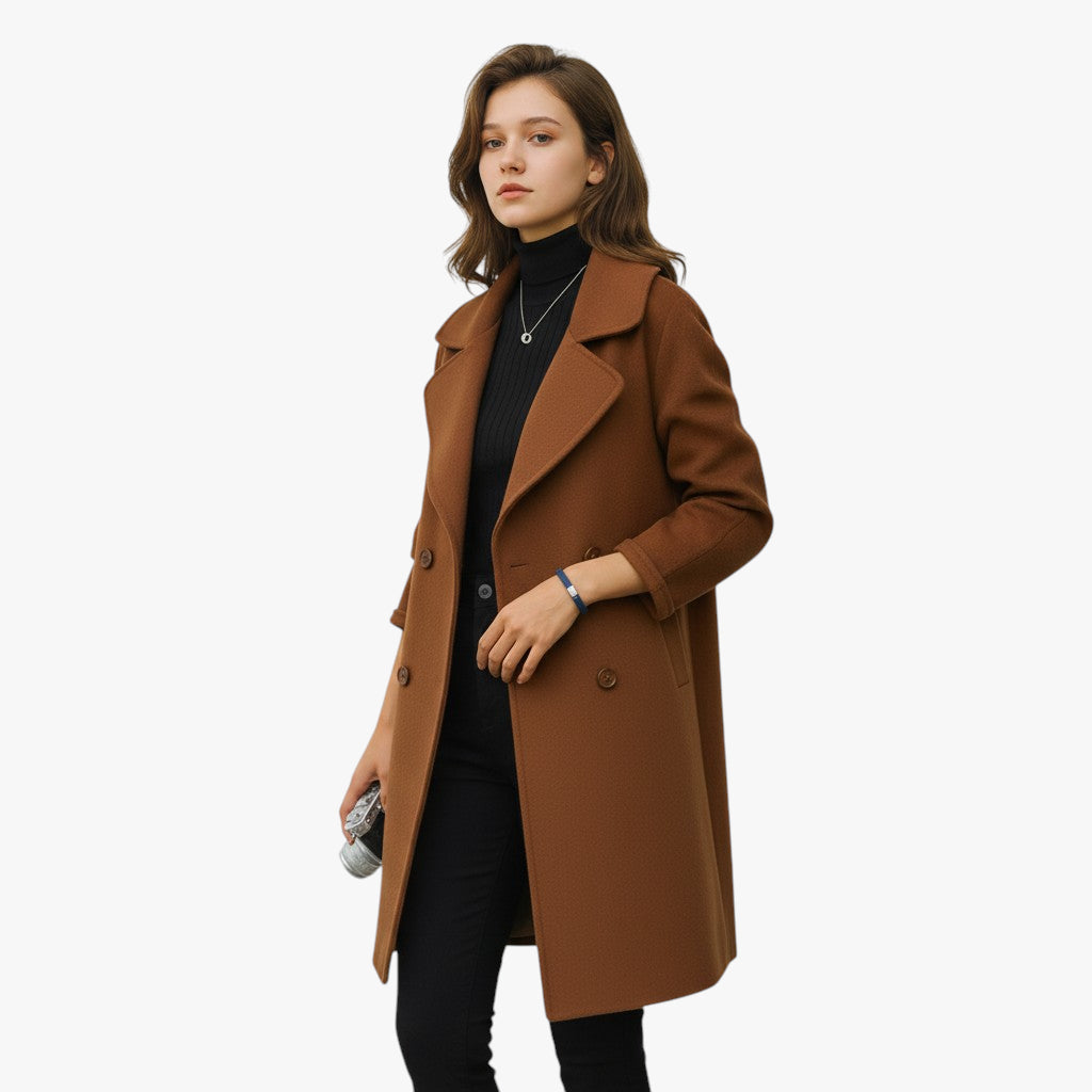 Women’s Double-Breasted Longline Coat with Button Closure and Inner Lining