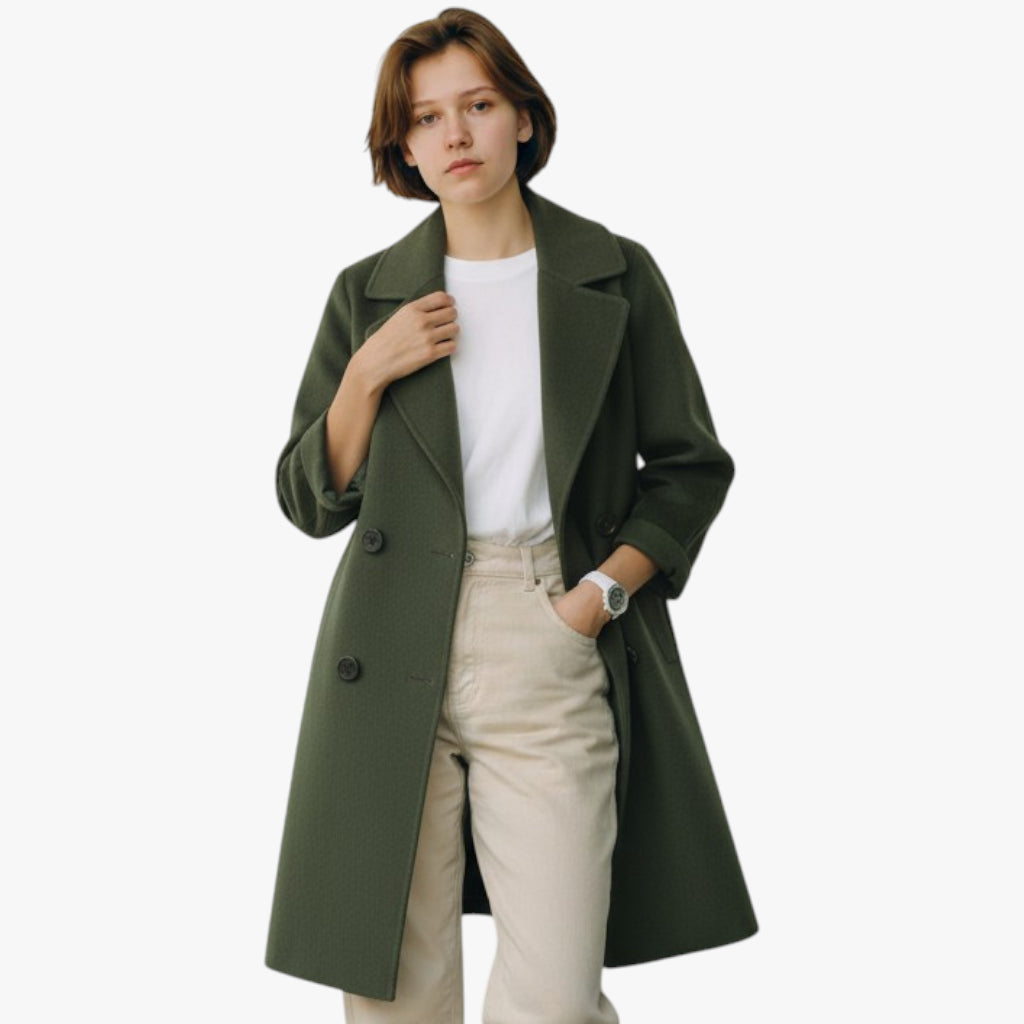 Women’s Double-Breasted Longline Coat with Button Closure and Inner Lining