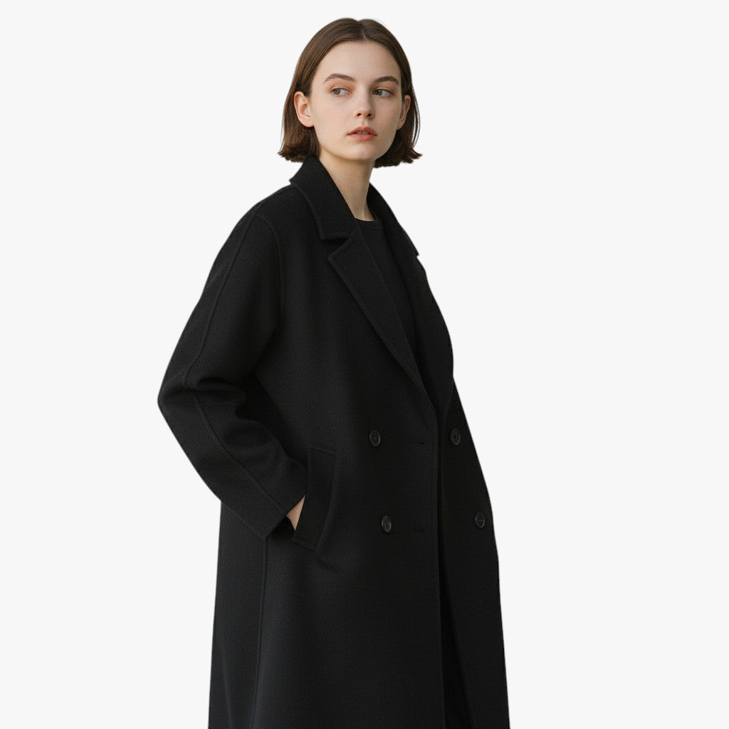 Women’s Double-Breasted Longline Coat with Button Closure and Inner Lining