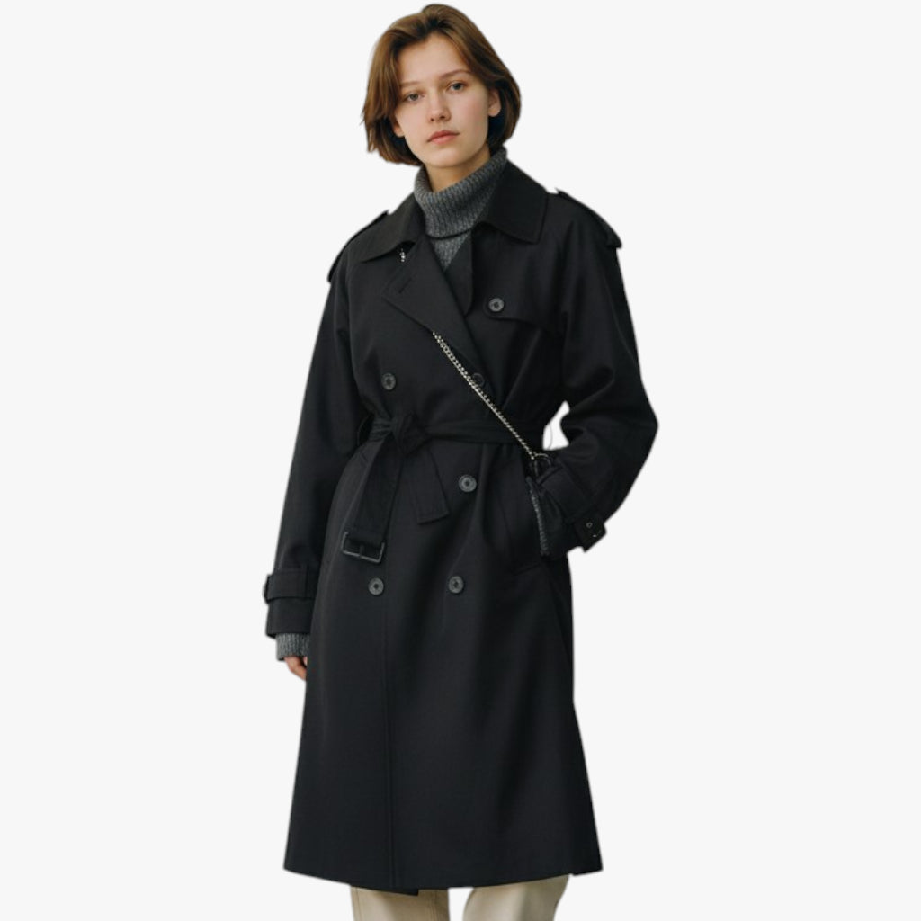 Women’s Double-Breasted Coat with Button Closure and Removable Belt