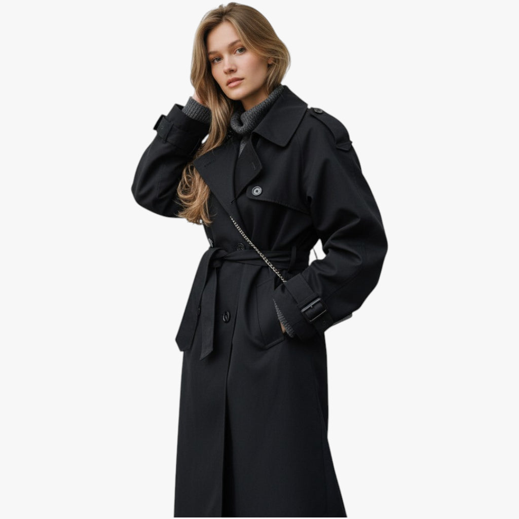 Women’s Double-Breasted Coat with Button Closure and Removable Belt