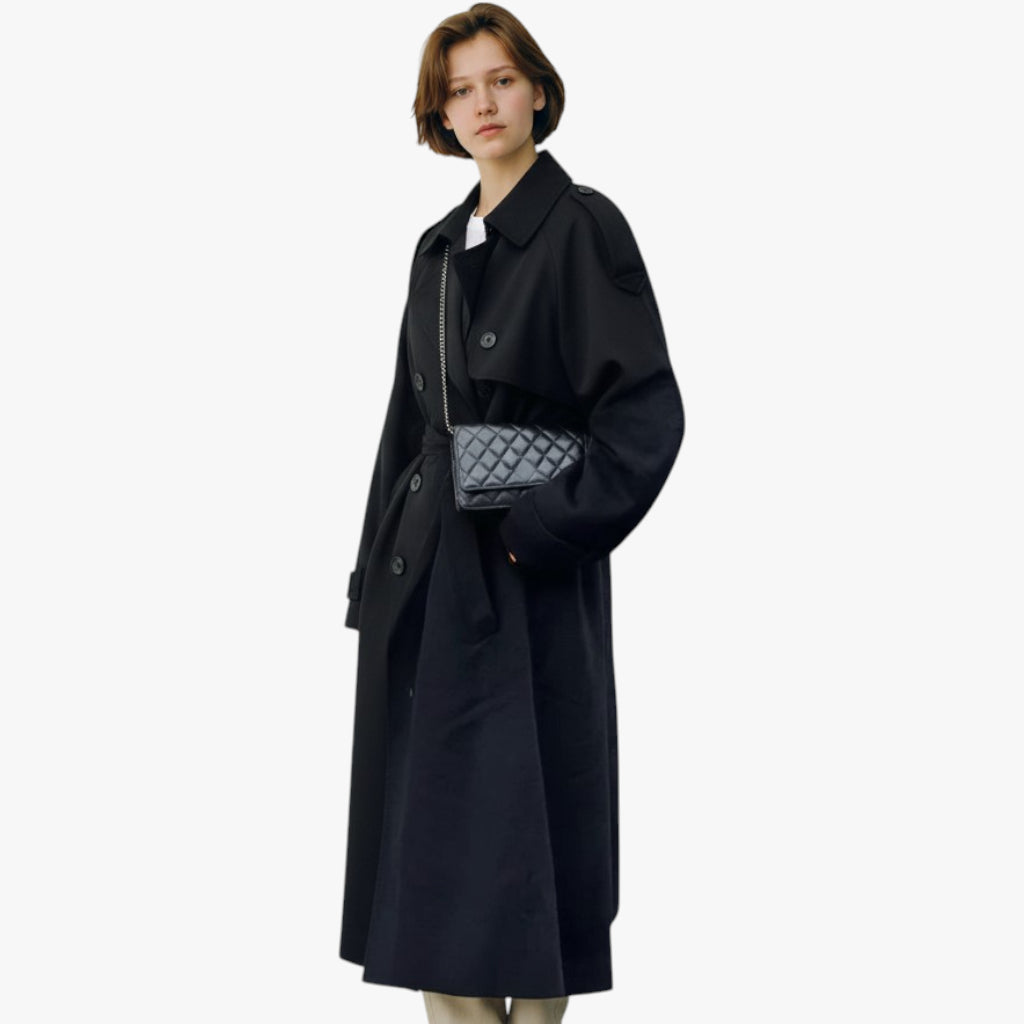 Women’s Double-Breasted Coat with Button Closure and Removable Belt