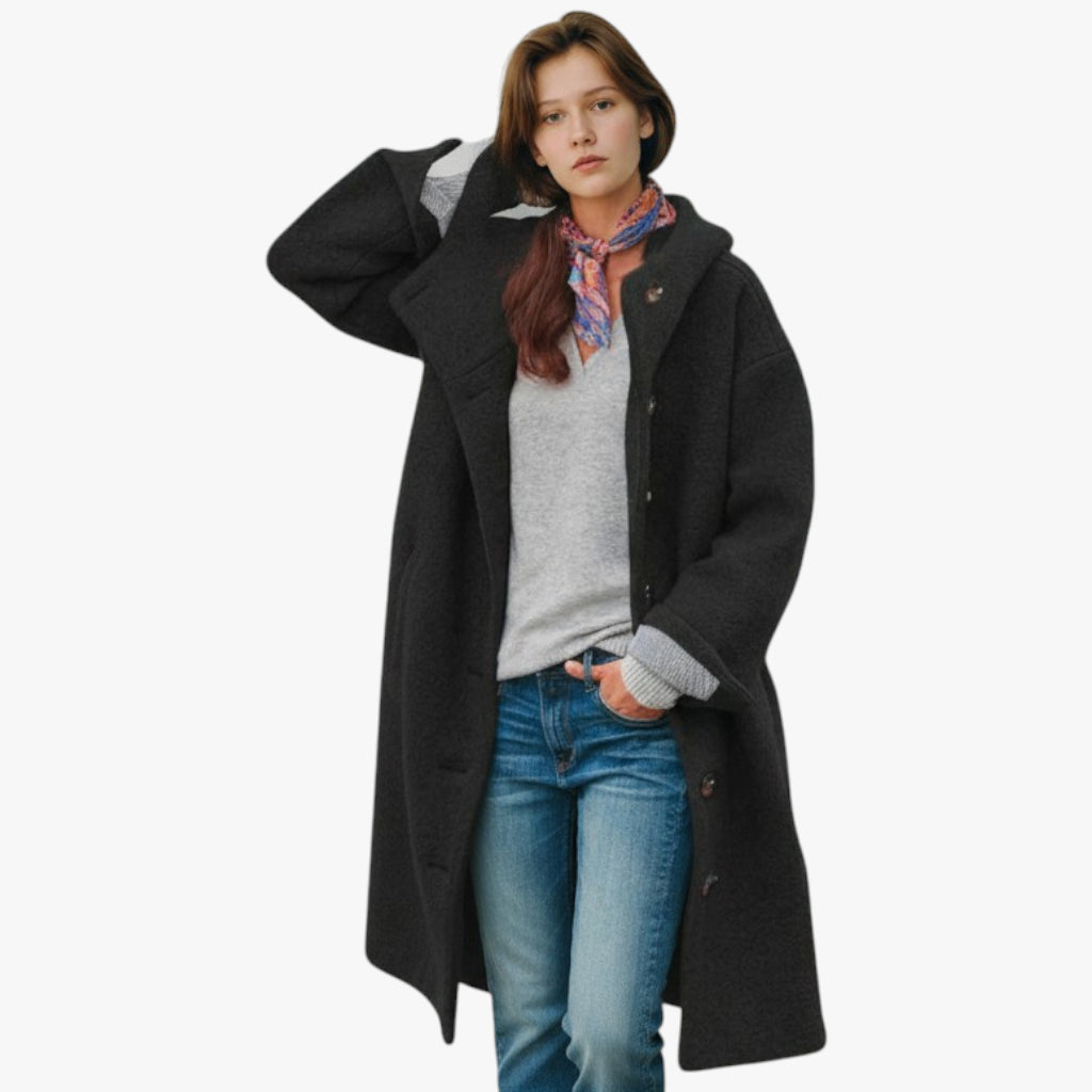Women’s Oversized Textured Coat with Hood and Button Closure