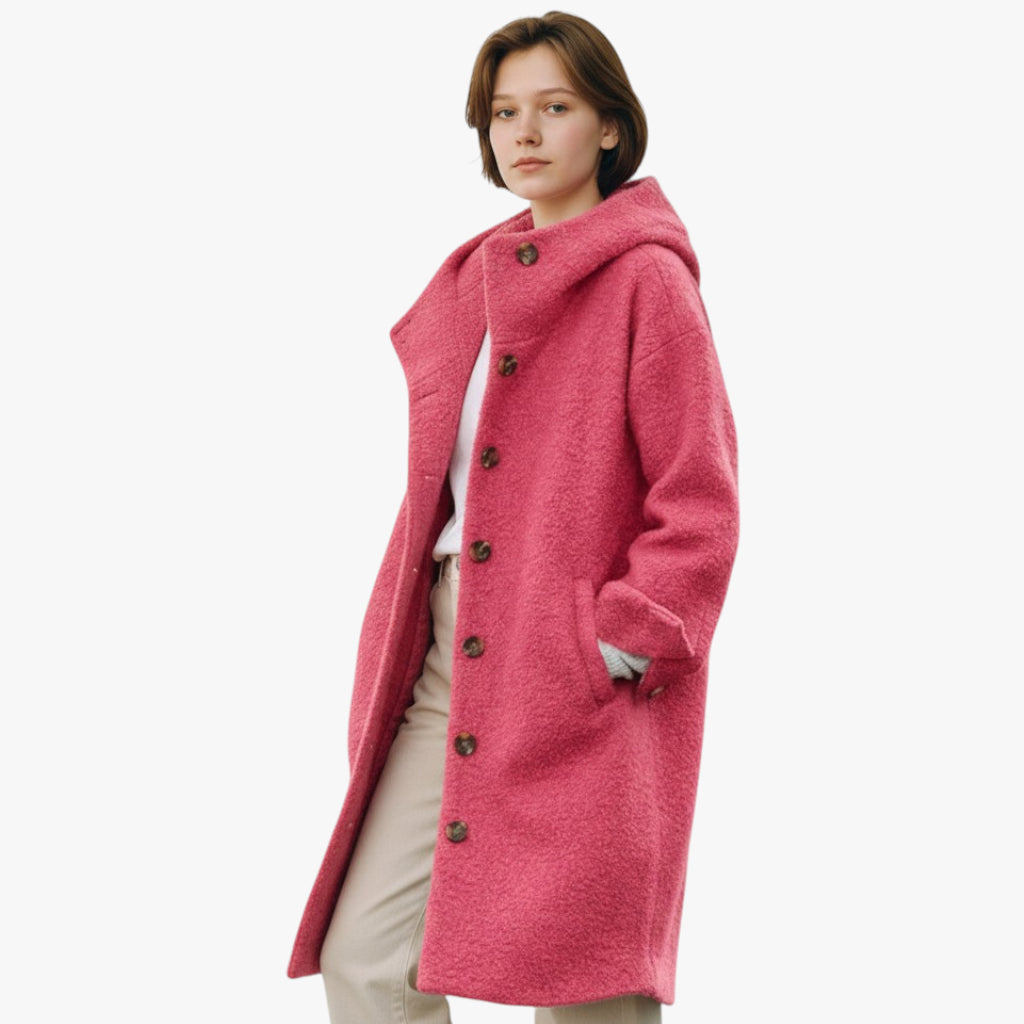 Women’s Oversized Textured Coat with Hood and Button Closure