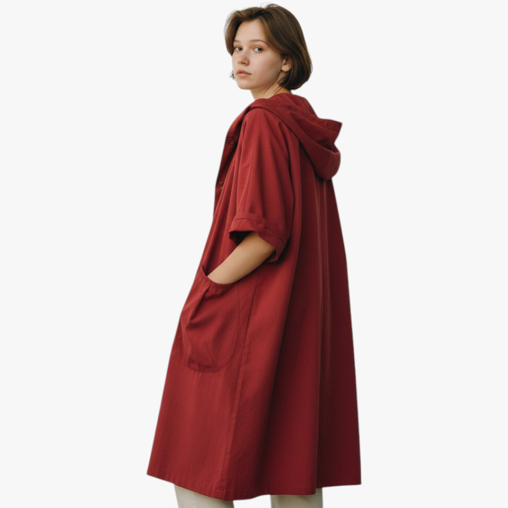 Women’s Hooded Long Coat with Button Closure and Large Pockets