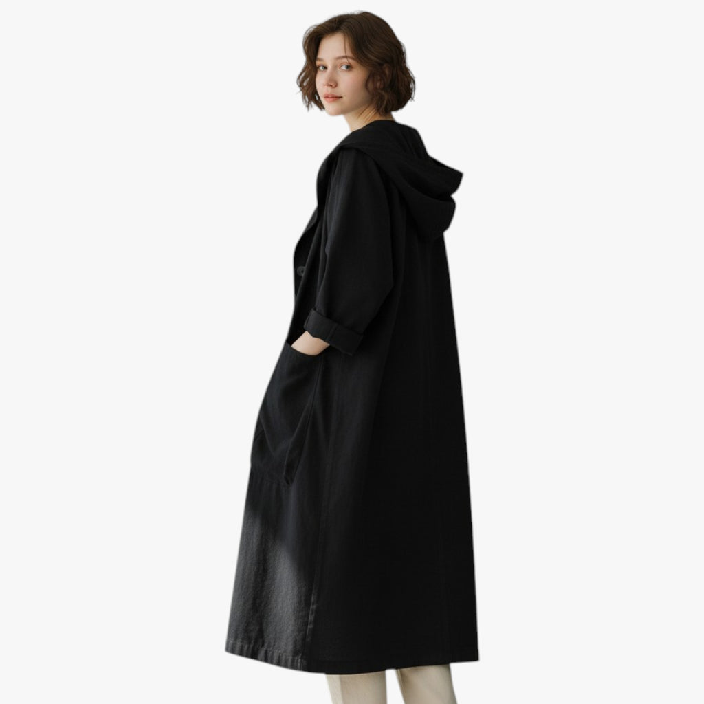 Women’s Hooded Long Coat with Button Closure and Large Pockets