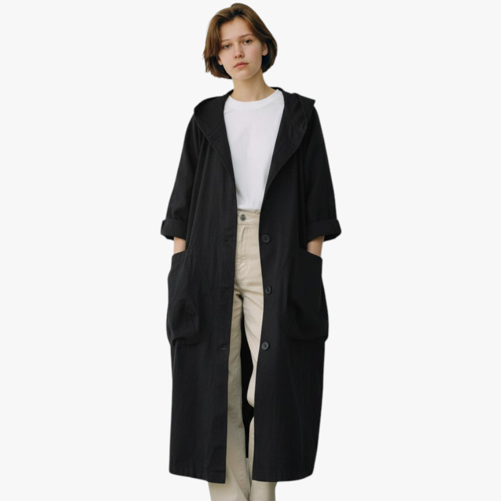 Women’s Hooded Long Coat with Button Closure and Large Pockets