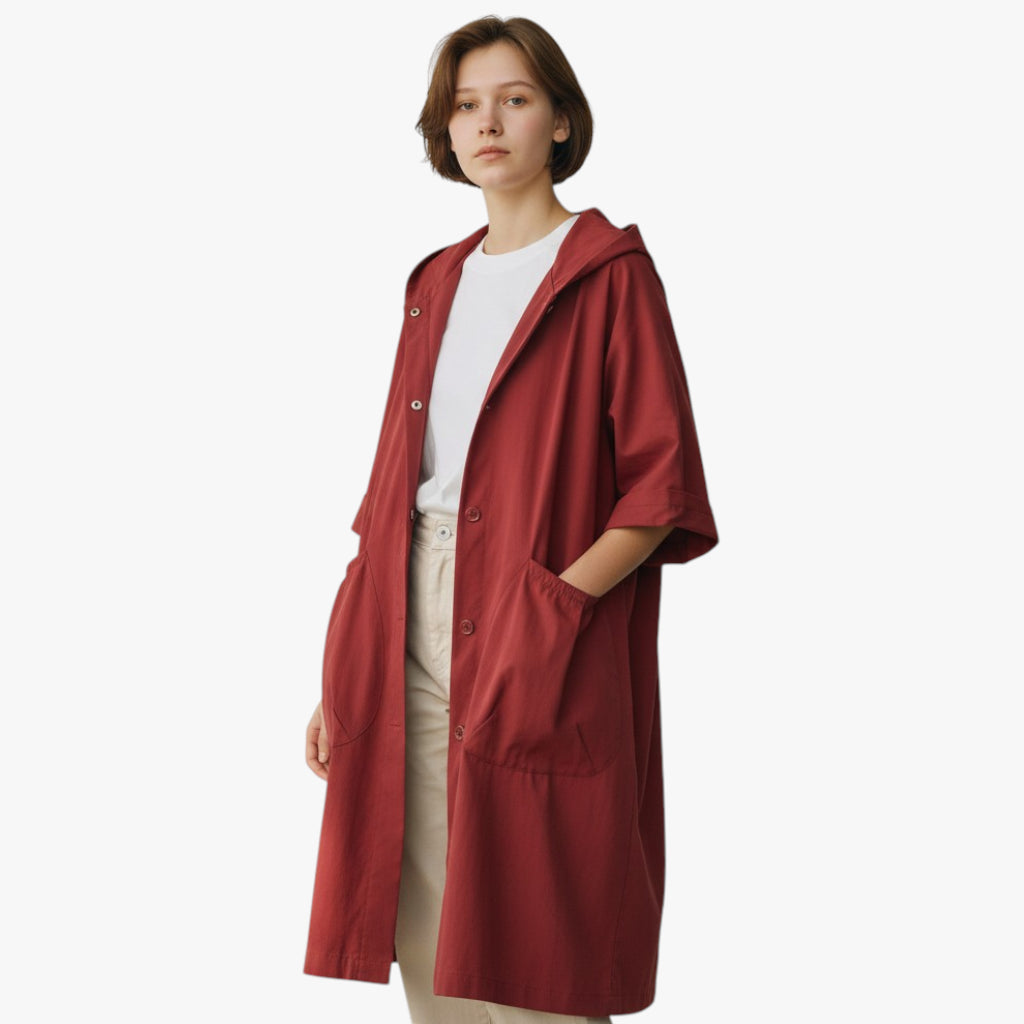 Women’s Hooded Long Coat with Button Closure and Large Pockets