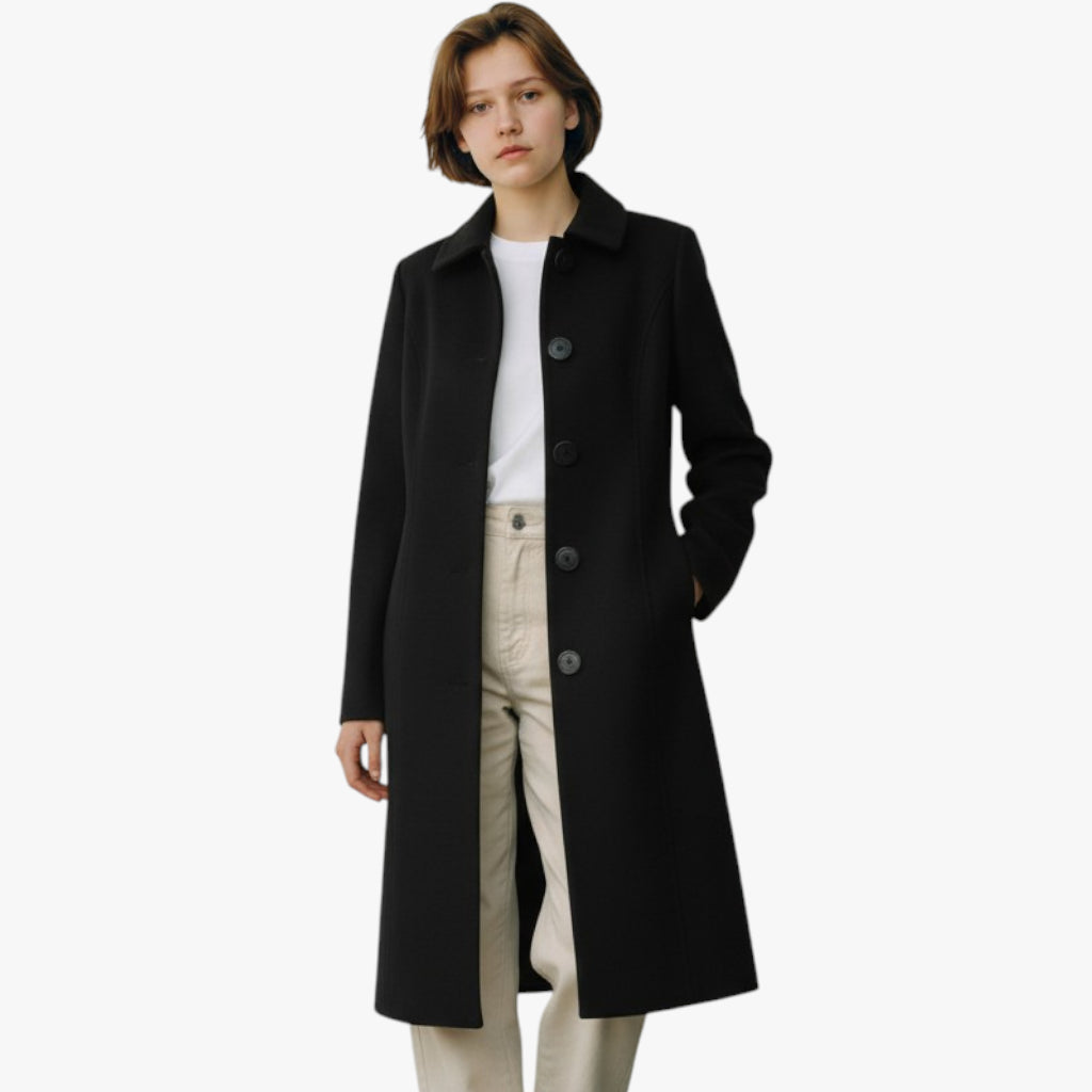 Women’s Longline French Coat with Button Closure and Inner Lining