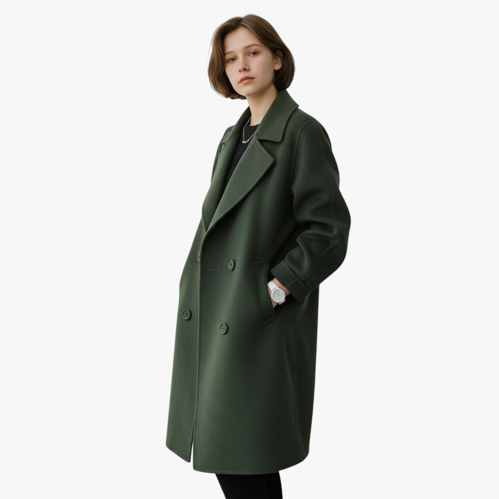Women’s Double-Breasted Longline Coat with Button Closure and Inner Lining
