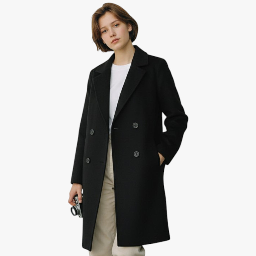 Women’s Double-Breasted Longline Coat with Button Closure and Inner Lining