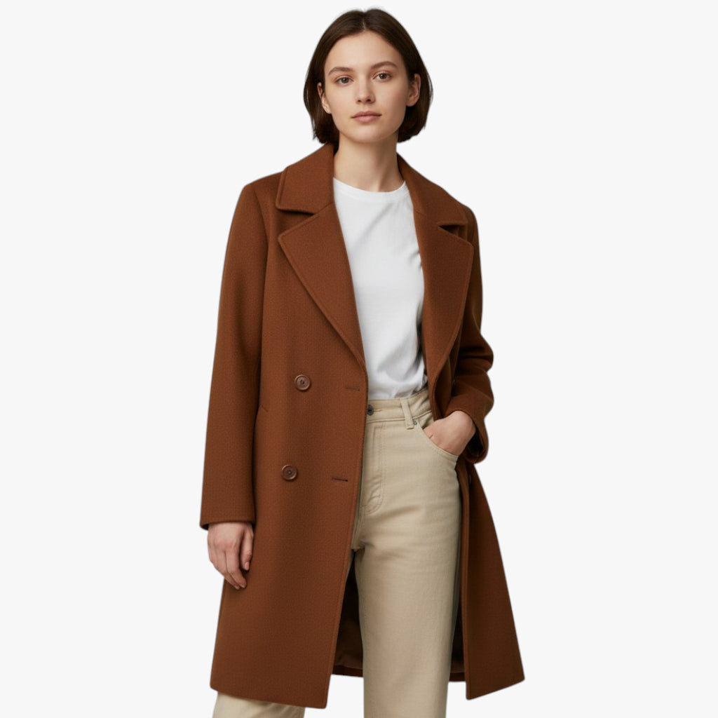Women’s Double-Breasted Longline Coat with Button Closure and Inner Lining