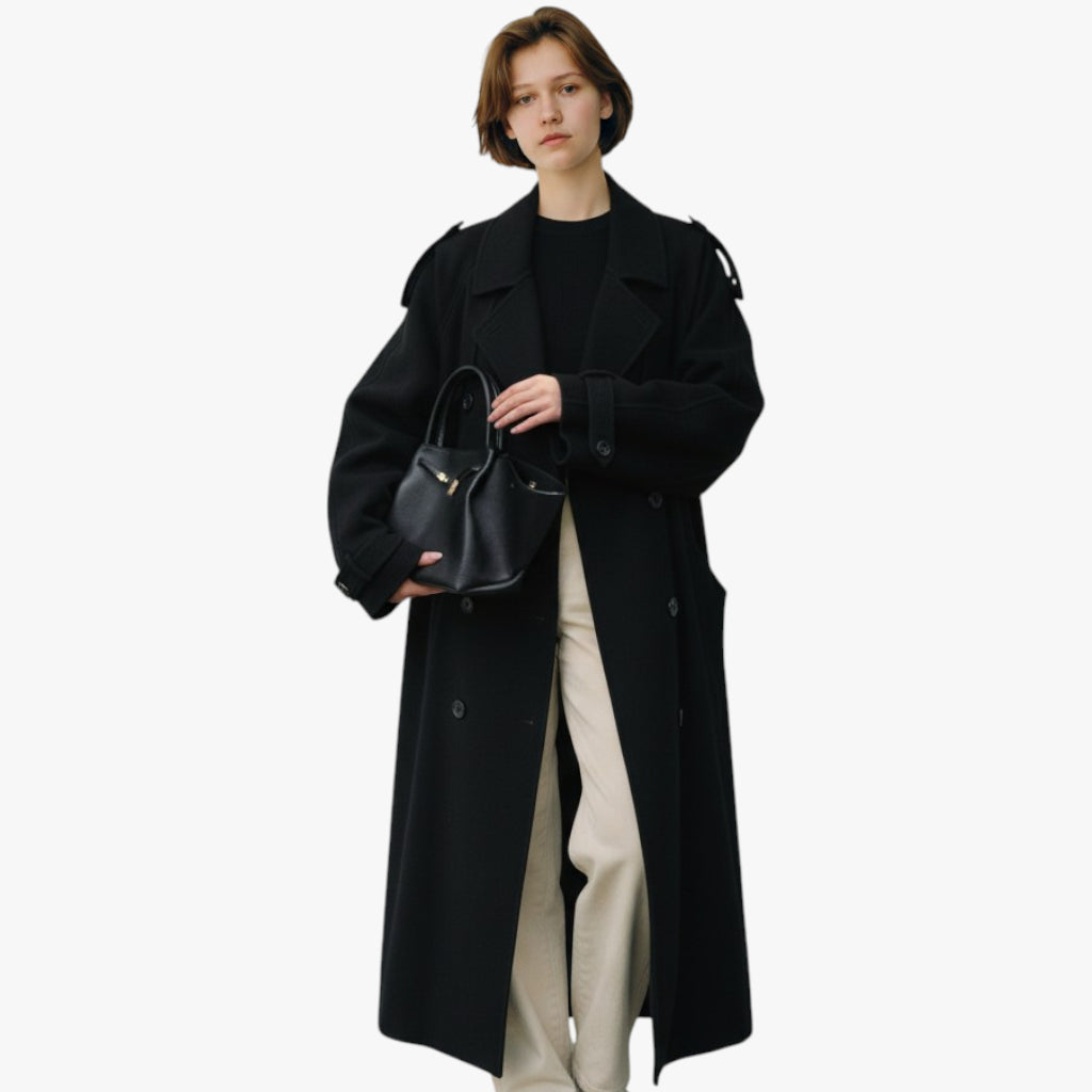 Women’s Double-Breasted Coat with Button Closure and Removable Belt
