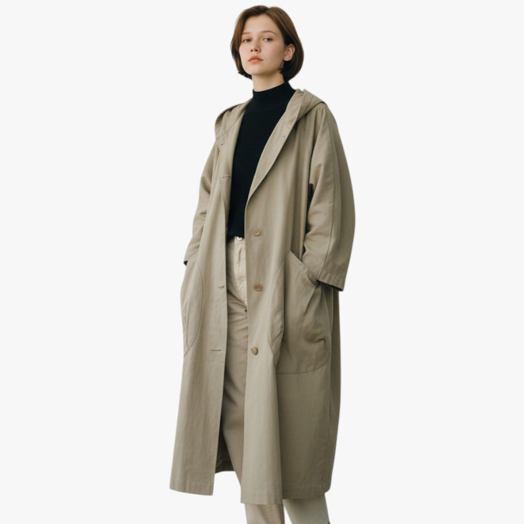 Women’s Hooded Long Coat with Button Closure and Large Pockets