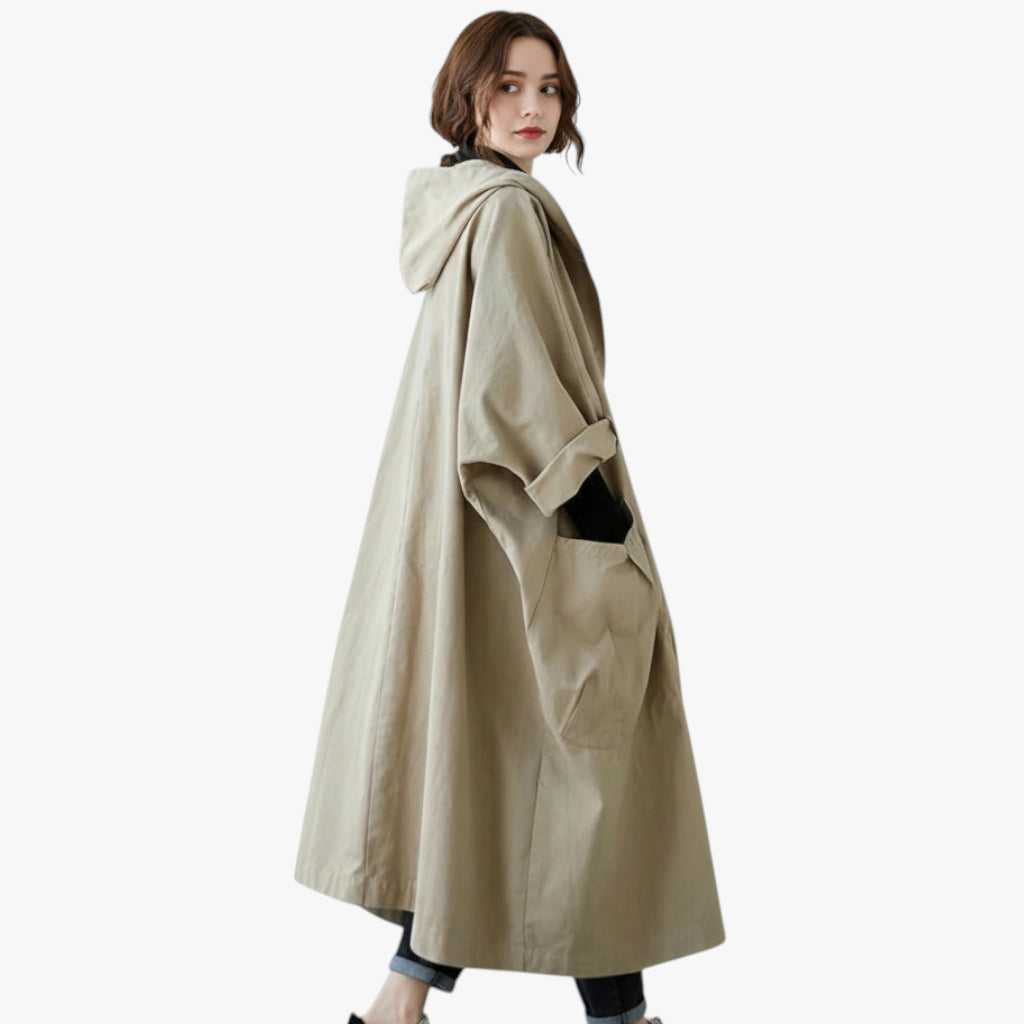 Women’s Hooded Long Coat with Button Closure and Large Pockets