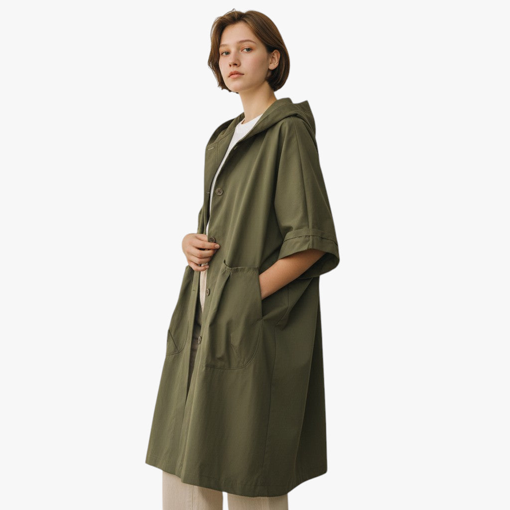 Women’s Hooded Long Coat with Button Closure and Large Pockets